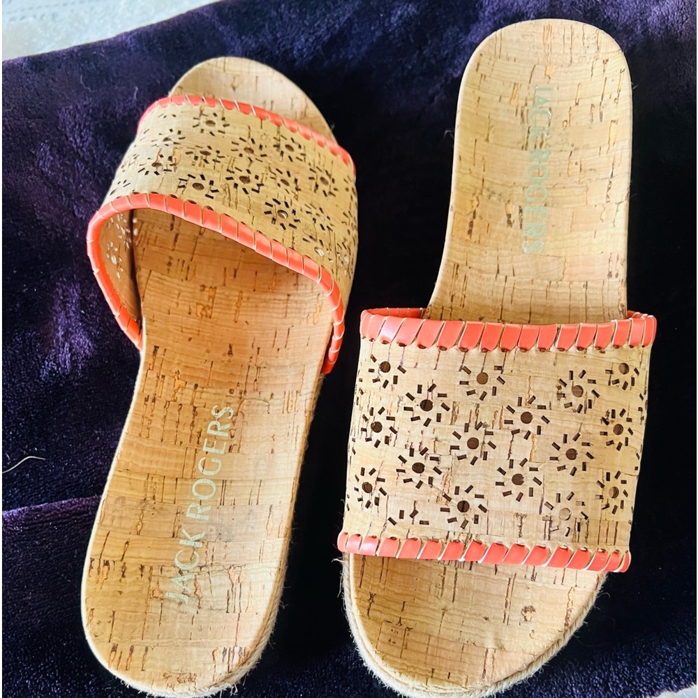 JACK ROGERS METALLIC FLORAL ESPADRILLE CORK SLIDES IN CORAL